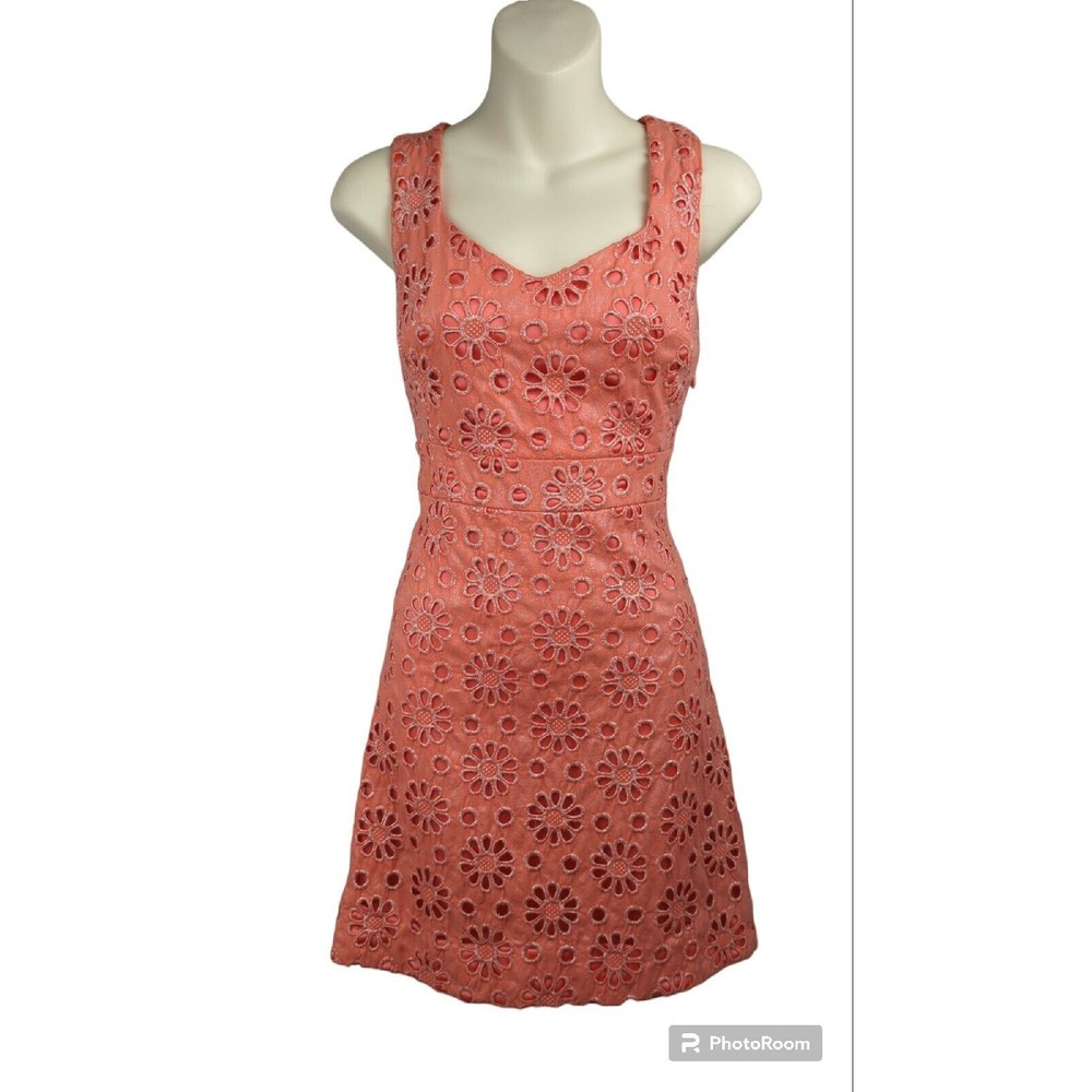 Anthropologie Coralshine Petite Dress Coral Pink Eyelet 2P Cocktail Evening Gown